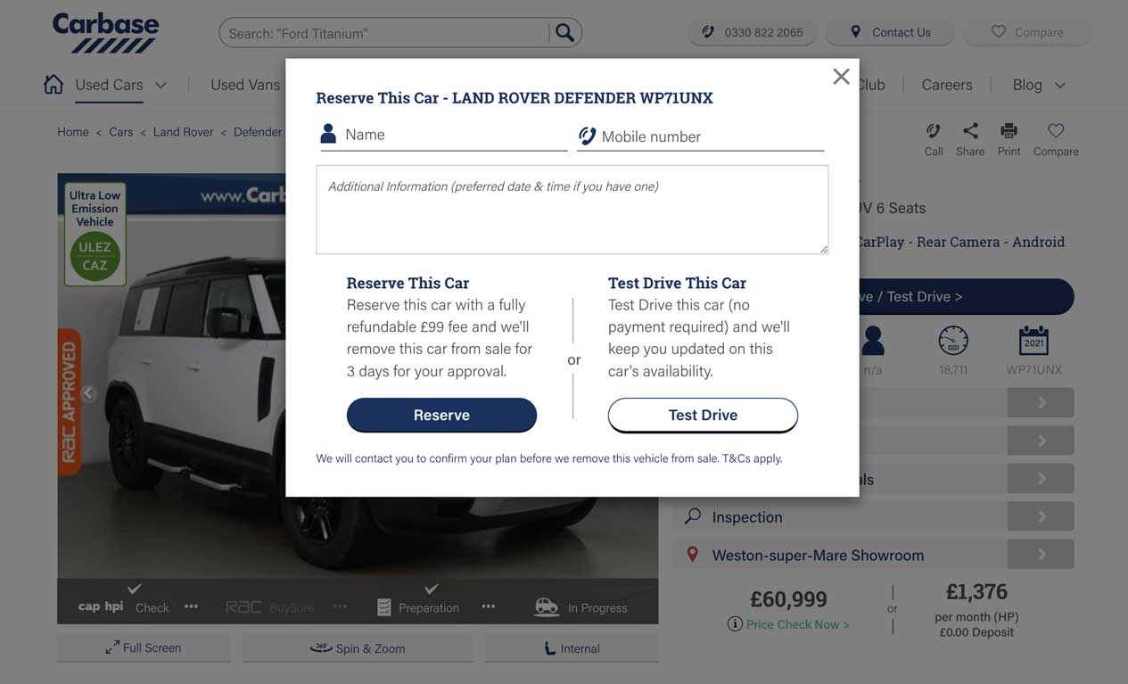 Reserving or booking a test drive options on Carbase