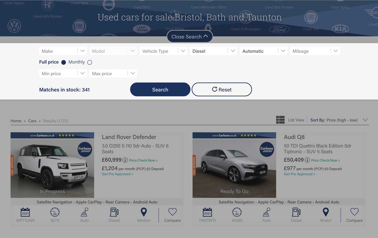 Carbase used car search and filter